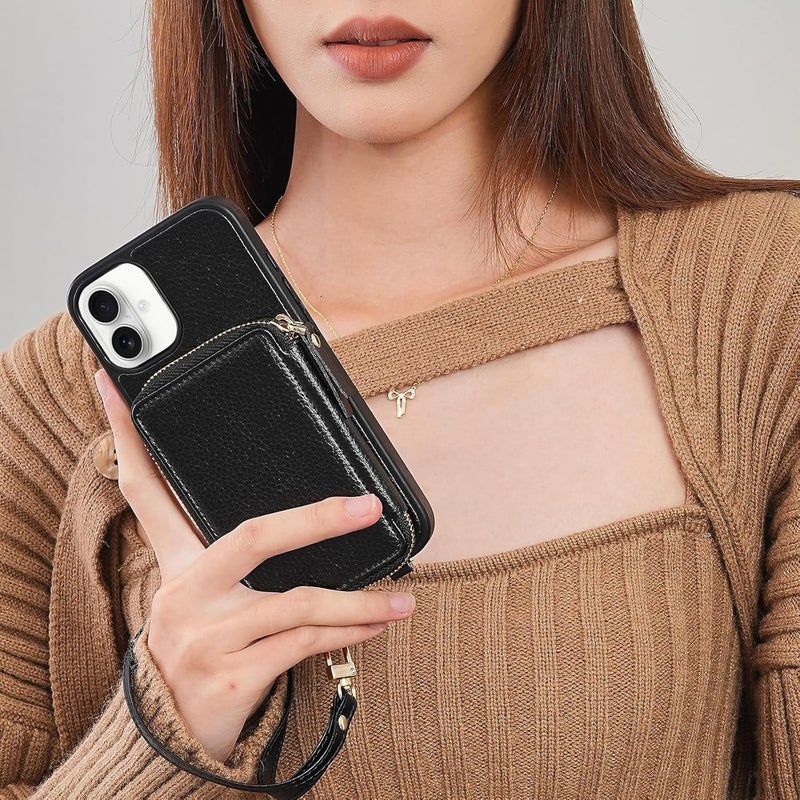 ZVE for iPhone 16 Case Wallet with Card Holder, RFID Blocking Zipper Phone Purse with Adjustable Crossbody Strap and Wrist Strap for iPhone 16 6.1", Black - Image 4